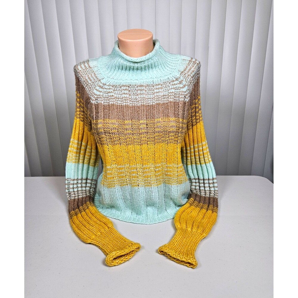 New In Womens Block Striped Ribbed-Knit Roll neck Pullover Sweater M Mint Multi